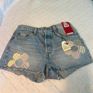 Levi's 501 shorts with patchwork flowers patchwork, pastel, raw hem, high rise